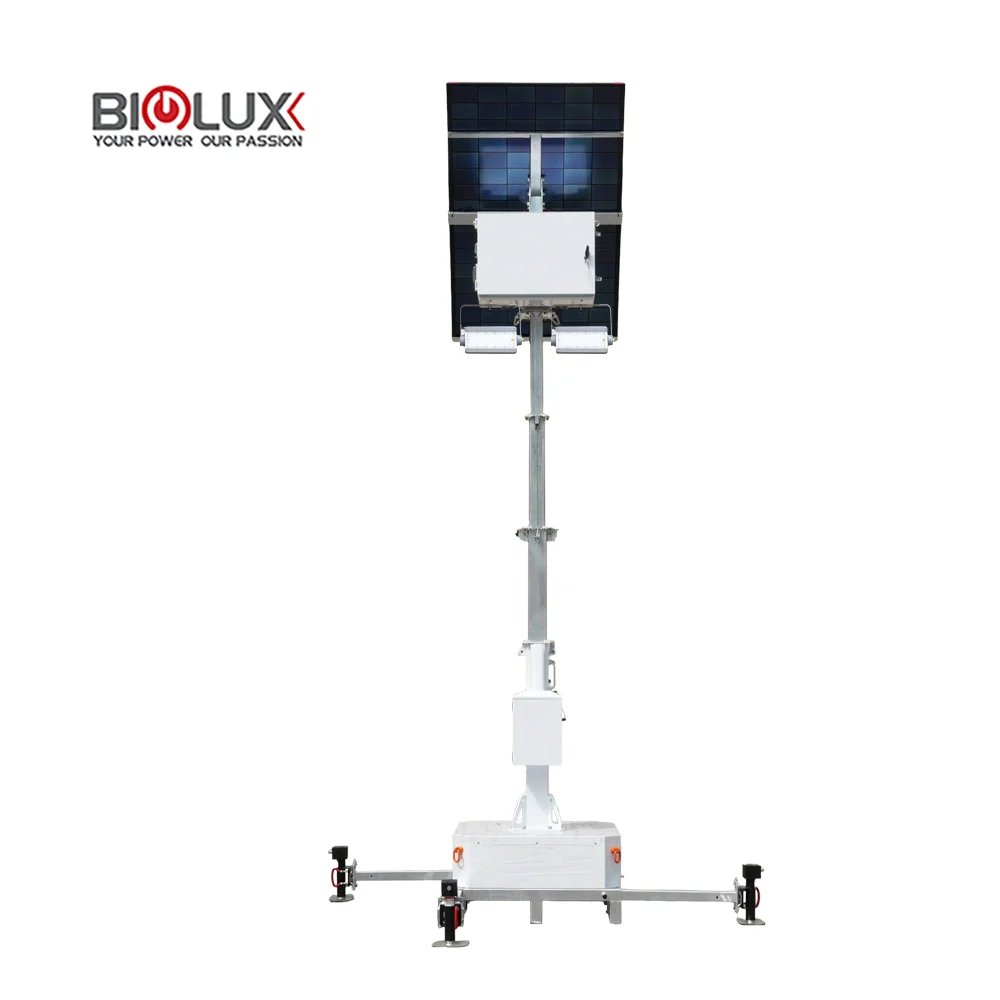 Extended mast of mobile solar LED tower with lights on